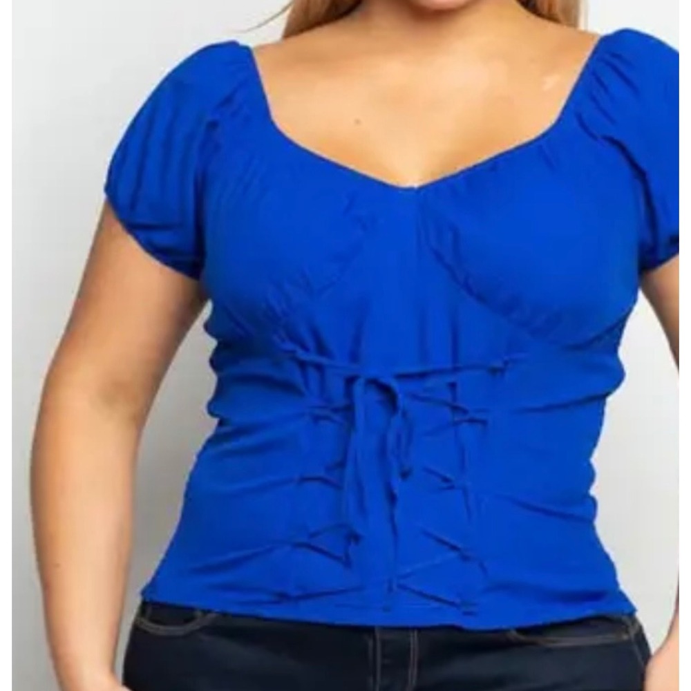 Zenobia Royal Blue Puff Sleeve Smocked Front Lace Up Corset Top Plus Size 3XL‎